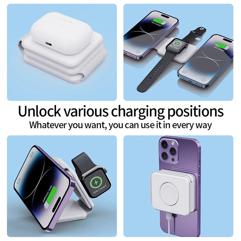 15W 3 in 1 Foldable Wireless Charger Magnetic Compatible for iPhone Watch Earphone Travel Wireless Fast Charging Dock