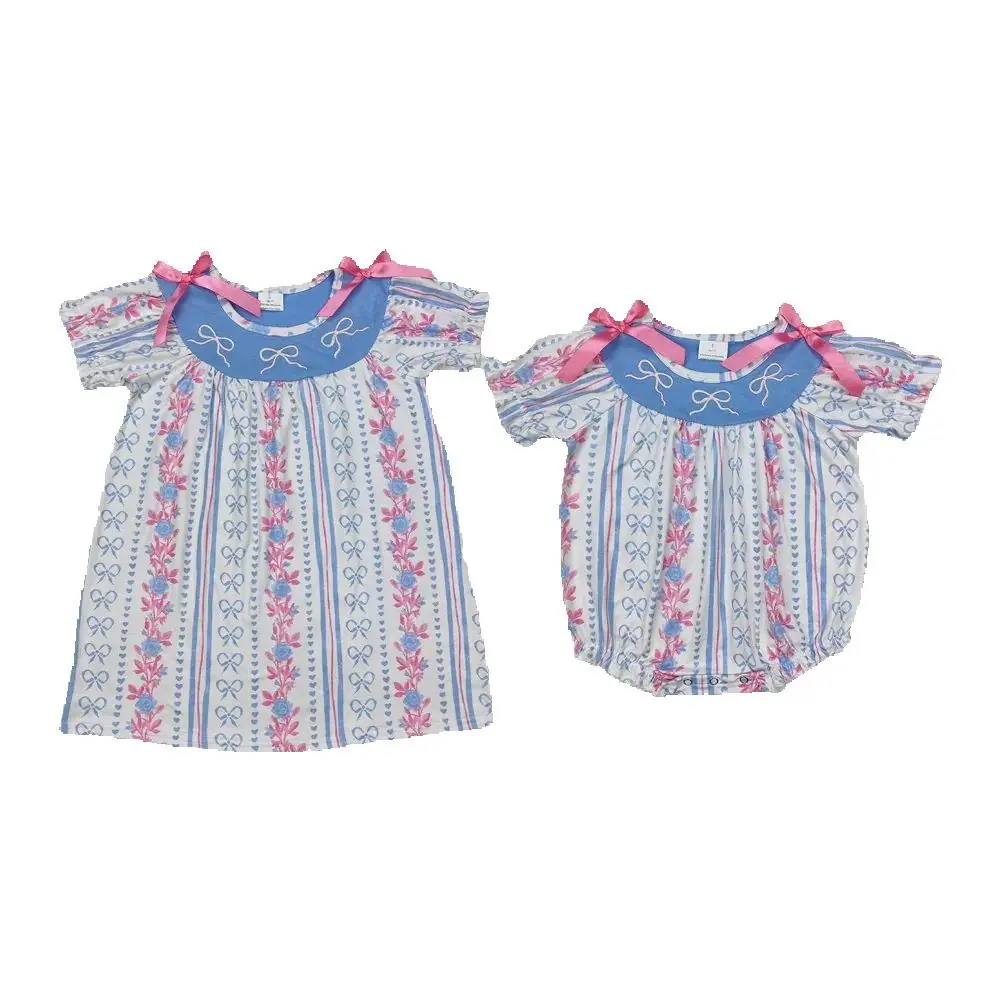 

Sibling Baby Girls Blue Pink Bows Rompers Dresses