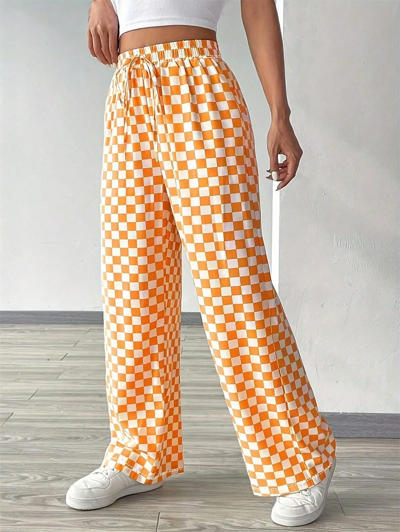 Women's Spring And Winter Plaid Lace-Up Printed Straight Leg Wide Leg Pants New Dopamine Comfortable Casual Everything