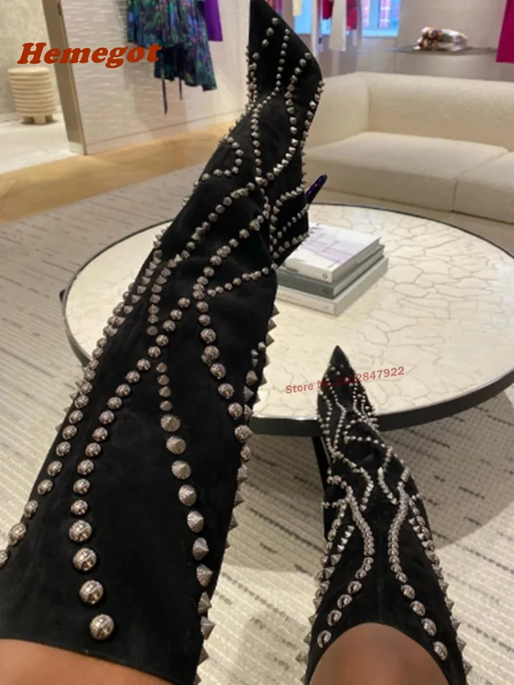 Stud Spike Heels Stiefeletten spitzen Zehen Kalb Leder Niet Wildleder Luxus Damen stiefel Winter Marke lange Schuhe sexy lässig sexy