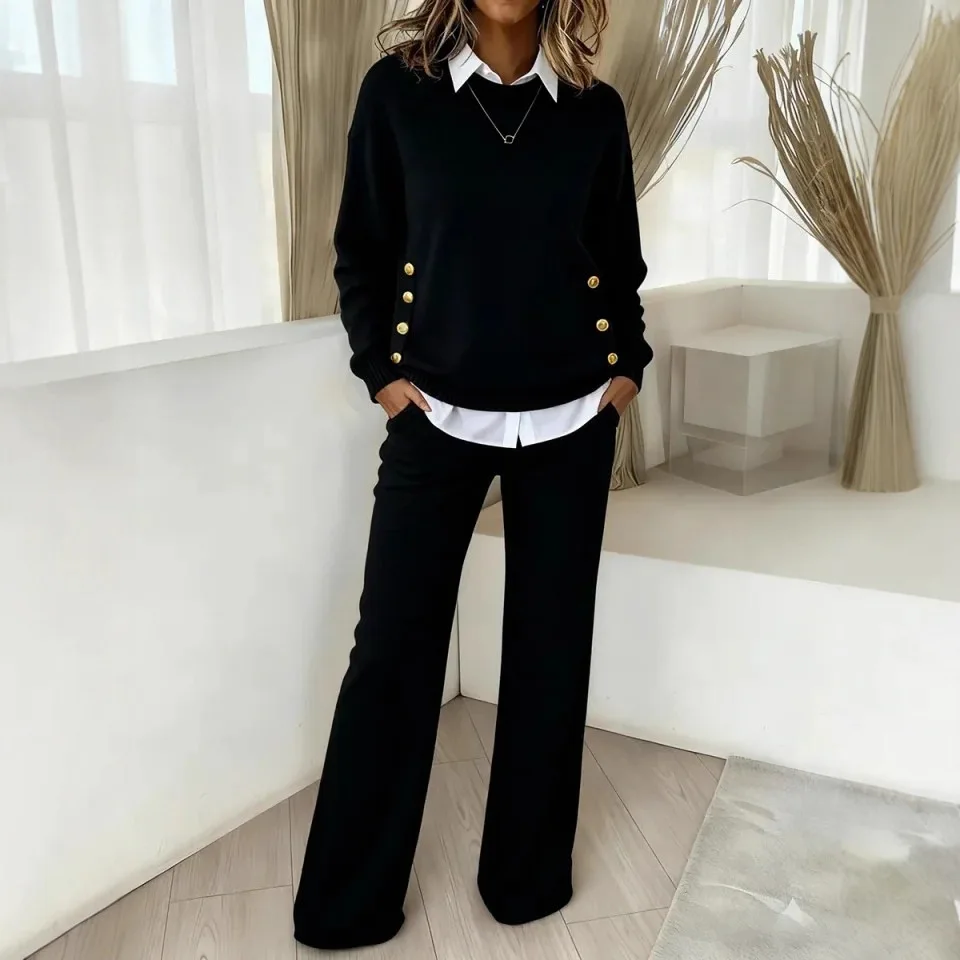 Autumn Winter New Splice Shirt Collar Hoodie+Pants Set Loose Two Piece Casual Suit Women Elegant Street Outfit Trousers Suit