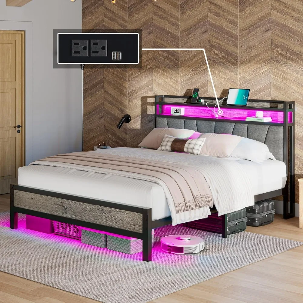 Marco de cama tamaño Queen con luces LED RGBW y estación de carga, cabecero tapizado de lino con almacenamiento de 2 niveles, plataforma de metal estable