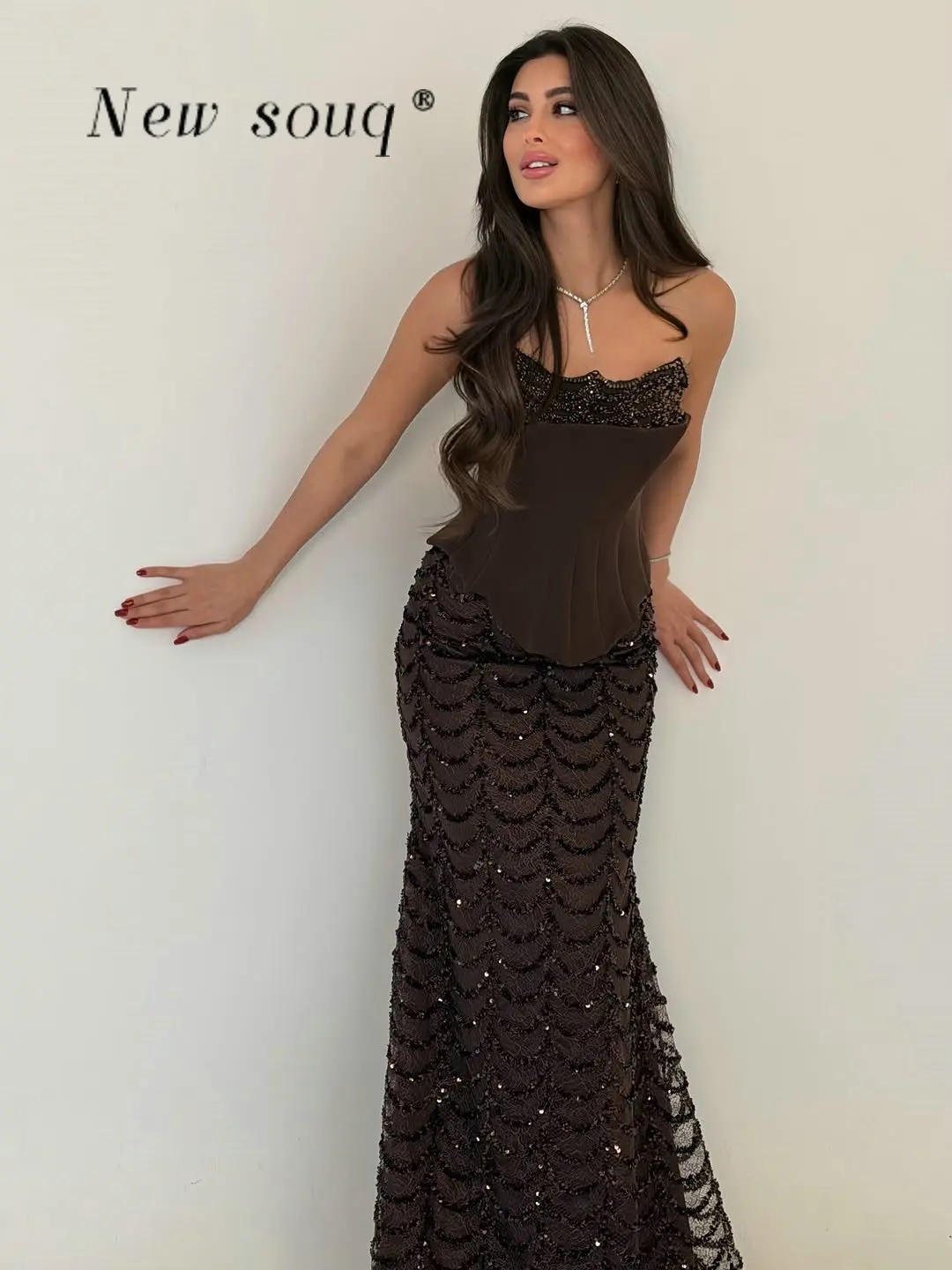 

Arabic Chocolate Brown Strapless Corset Bodice Evening Dresses Shimmering Wave Beaded Sequins Wedding Prom Gowns Customized