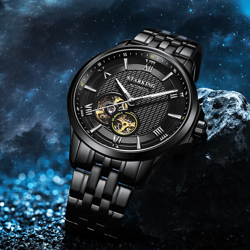 

starking Men's Watch Simple automatic black mechanical watch with original movement sapphire glass waterproof watch