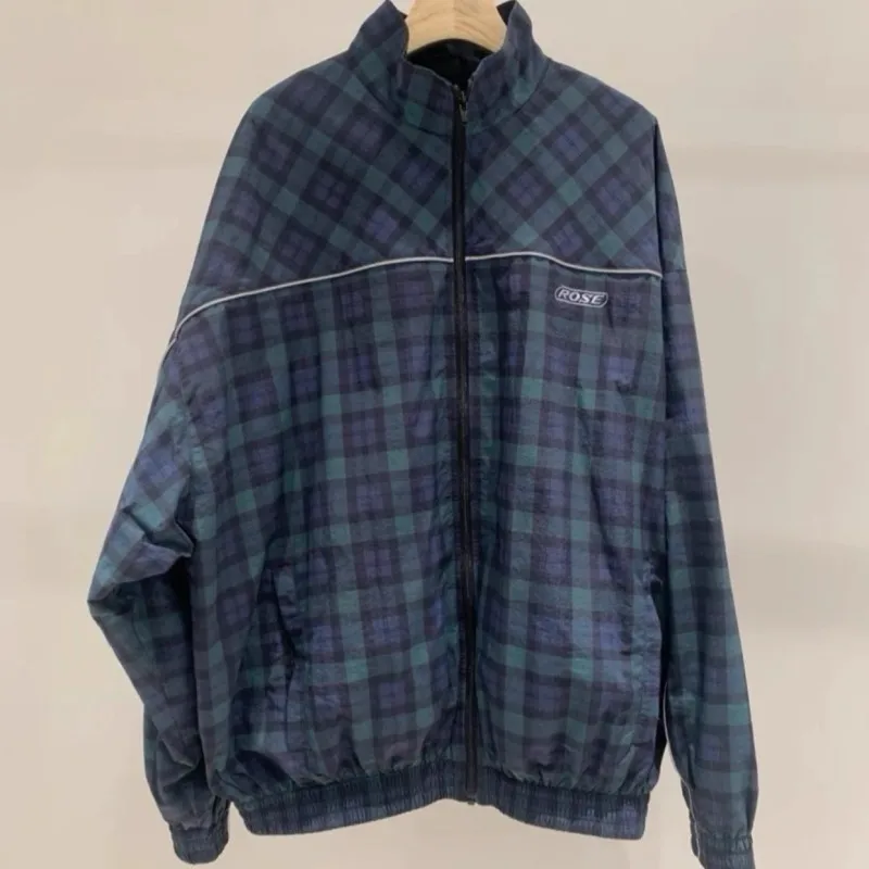 

High-quality Embroidery Rose Zipper Jackets Checkered Stitching Stand Collar Coats Men Women Casual Street Outfit Coach Jacket
