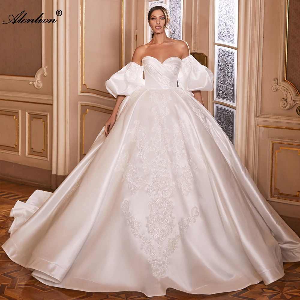 Alonlivn Stuning Satin Pleated Sweetheart Ball Gown Wedding Dresses Beading Embroidery Lace With Removable Sleeves Bridal Skirts