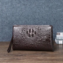 Pochette en cuir véritable à motif crocodile pour homme, sac en cuir véritable, sac en peau de cercle marron, haute capacité, haute qualité