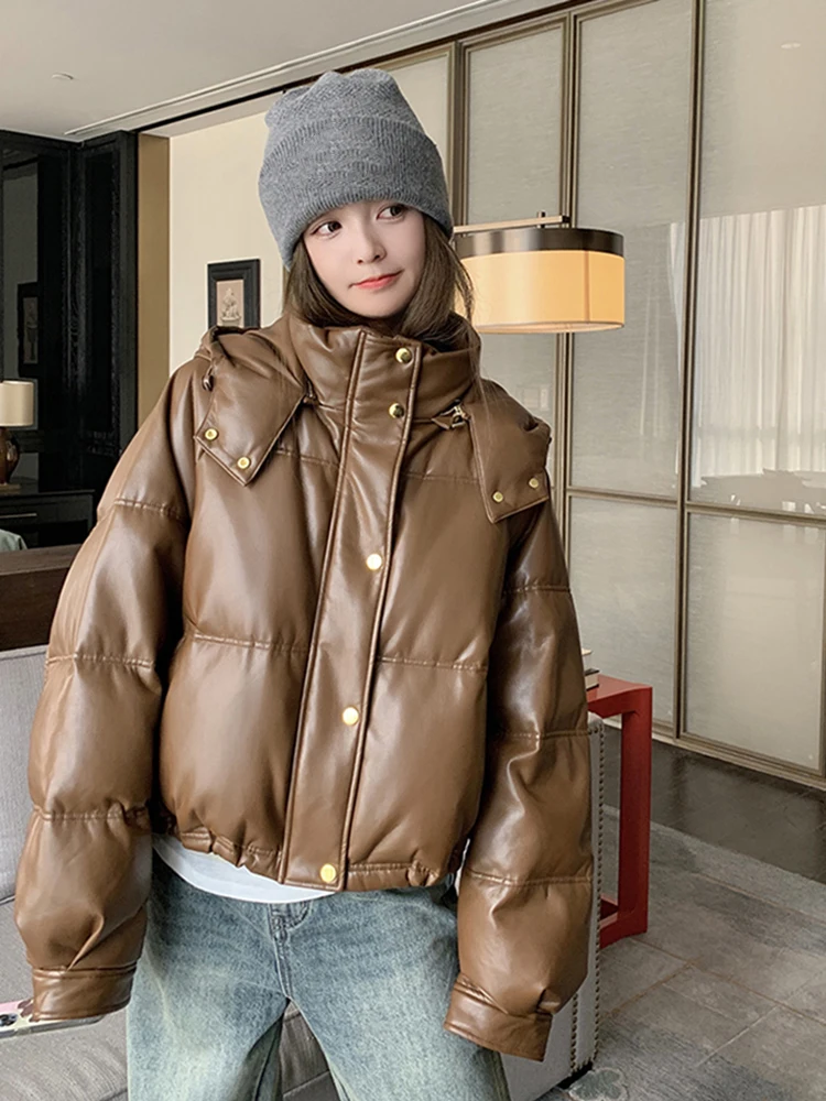 LANMREM High Street Leather Down Coat Women's Stand Collar Hooded Single Breasted Short Cotton Coats 2024 Winter New 2Z3074