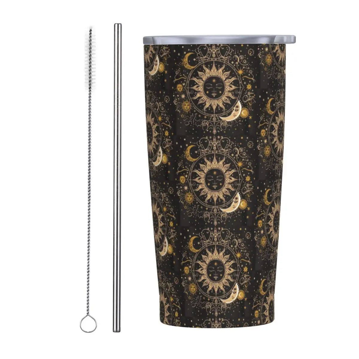 Boho Golden Crescent Moon And Sun Witch Stainless Steel Tumbler Vacuum Insulated Mug Thermal Cold Cups Straw With Lid 20oz