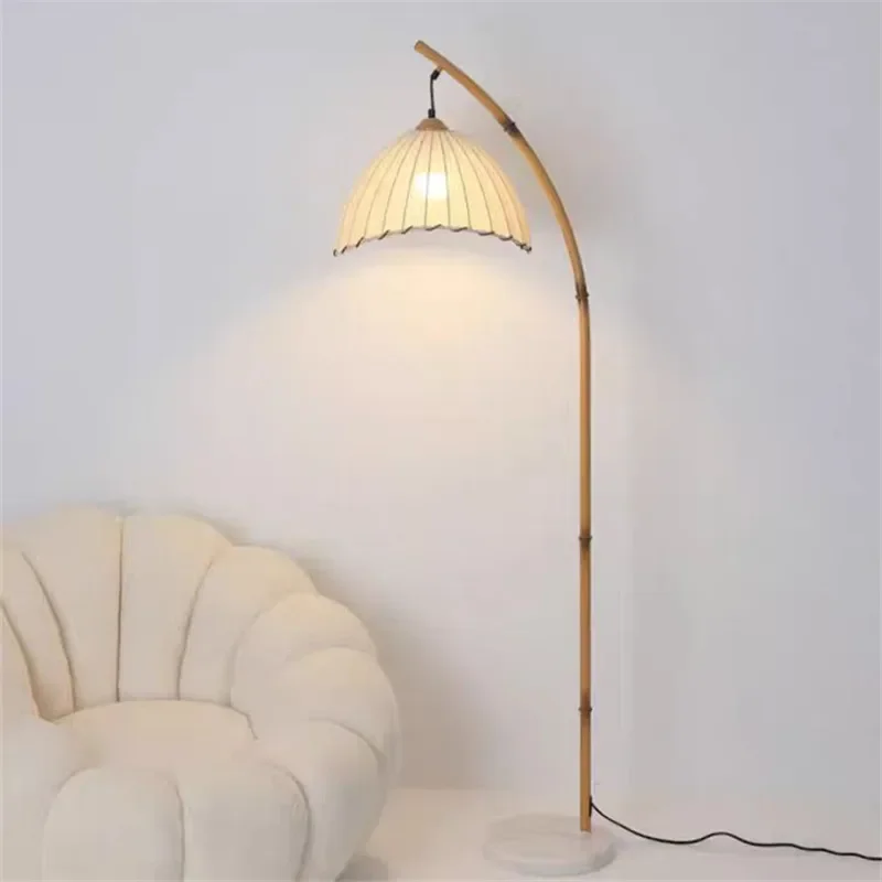 

Nordic Vintage Bamboo floor lamp Wabi Sabi Canvas Shades Led marble lamp Minimalist bedroom Living Room sofa standing lamp