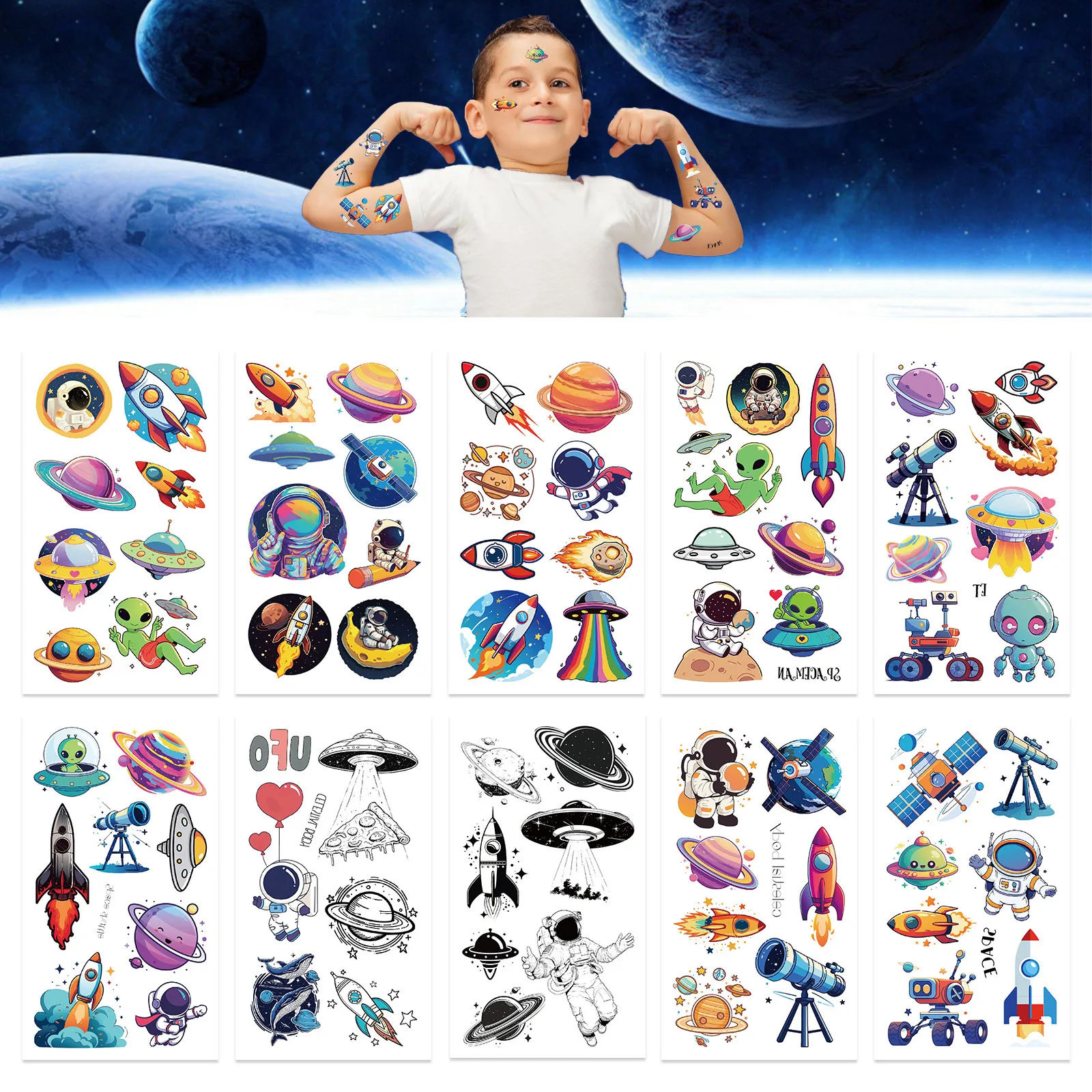 10 Sheets Cartoon Space Temporary Tattoo Set, Galaxy Astronaut Waterproof Disposable Tattoos for Journal Guka DIY Party Decor