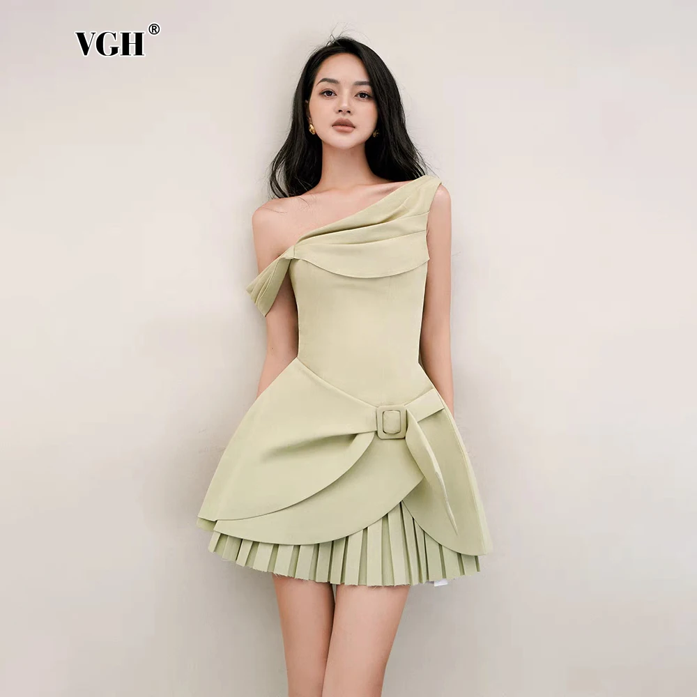 

VGH Solid Slimming Elegant Short Dress For Women Diagonal Collar Sleeveless High Waist Temperament Spliced Belt Dresses Female