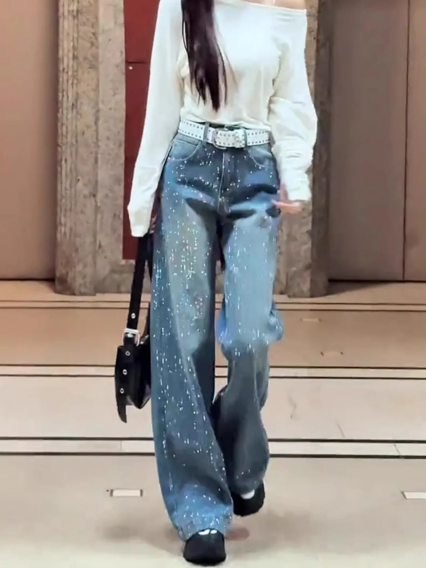 

Tianxing Rhinestone Wide Leg Denim Jeans Women's Winter 2026 High Waist Loose Slimming Drape Fleece Lined Women's Pants