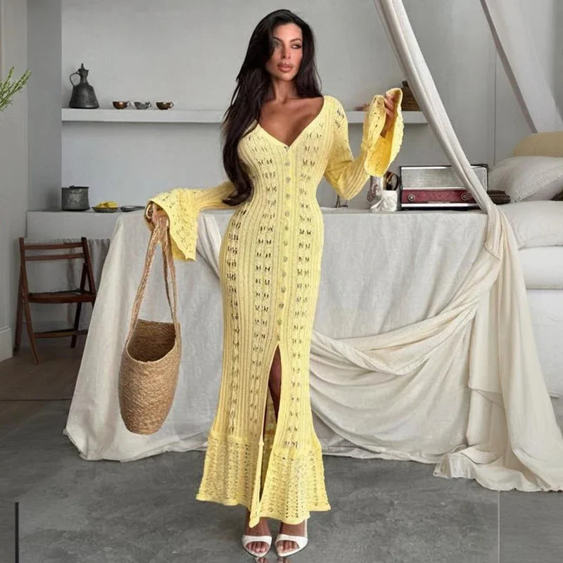 

Fashion Hollow Knitted Dress For Women Flared Long Sleeve Casual Vacation Maxi Dress New Summer Buttons Dress Knitwear