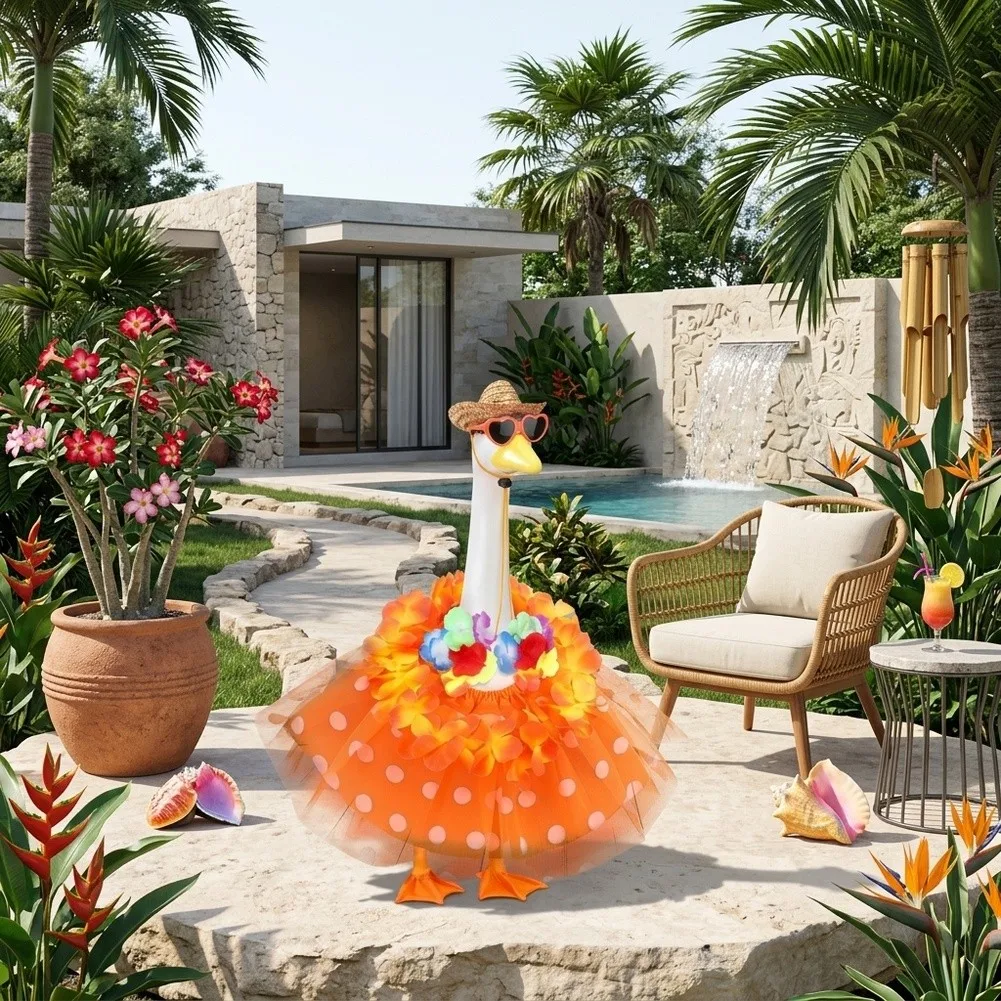 Tropical Hawaiian Goose Luau Costume 6 Piece Set for 23 Inch Porch Goose Summer Yard Decor Orange for polka Dot Tutu Accessories