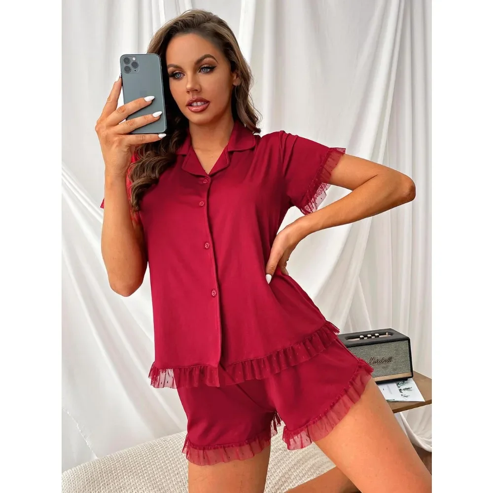 Summer Lace Red Pajama Sets Women Sleepwear Short Sleeve Cardigan Shorts Loungewear Nightwear Single-breasted Two-piece Suits