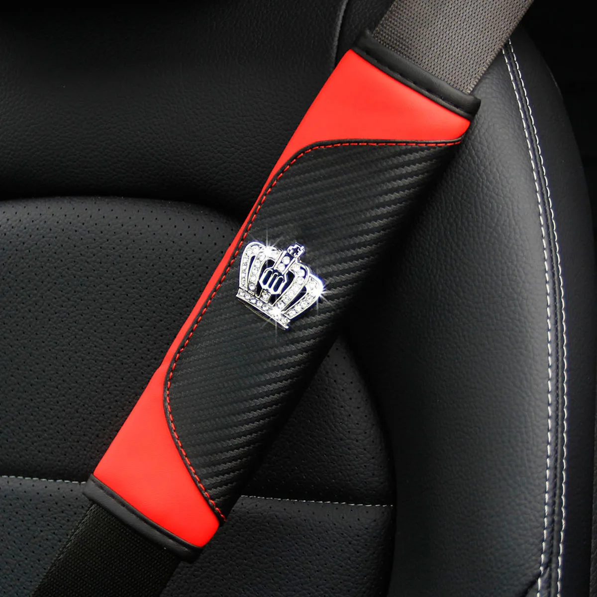 1 set of PU carbon fiber leather diamond-encrusted crown car shoulder guard safety belt decoration for car interior accessories view 2
