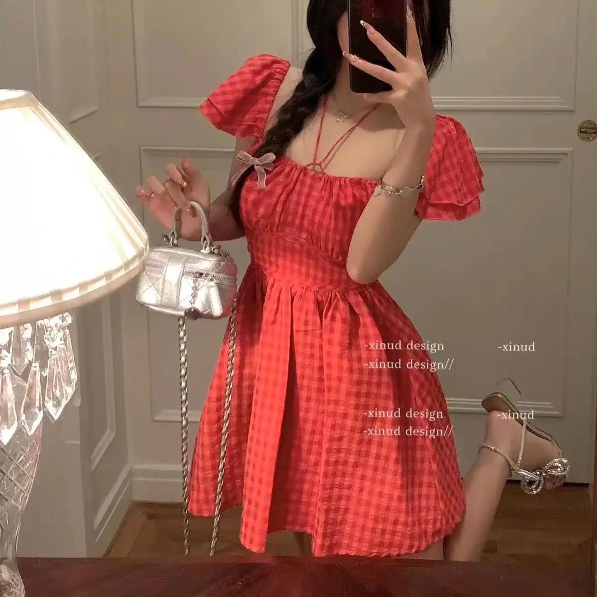 Vestidos de manga curta das mulheres nos anos 50 primavera gaze frisado em camadas puff manga império cintura fofo mori menina cottagecore elegante