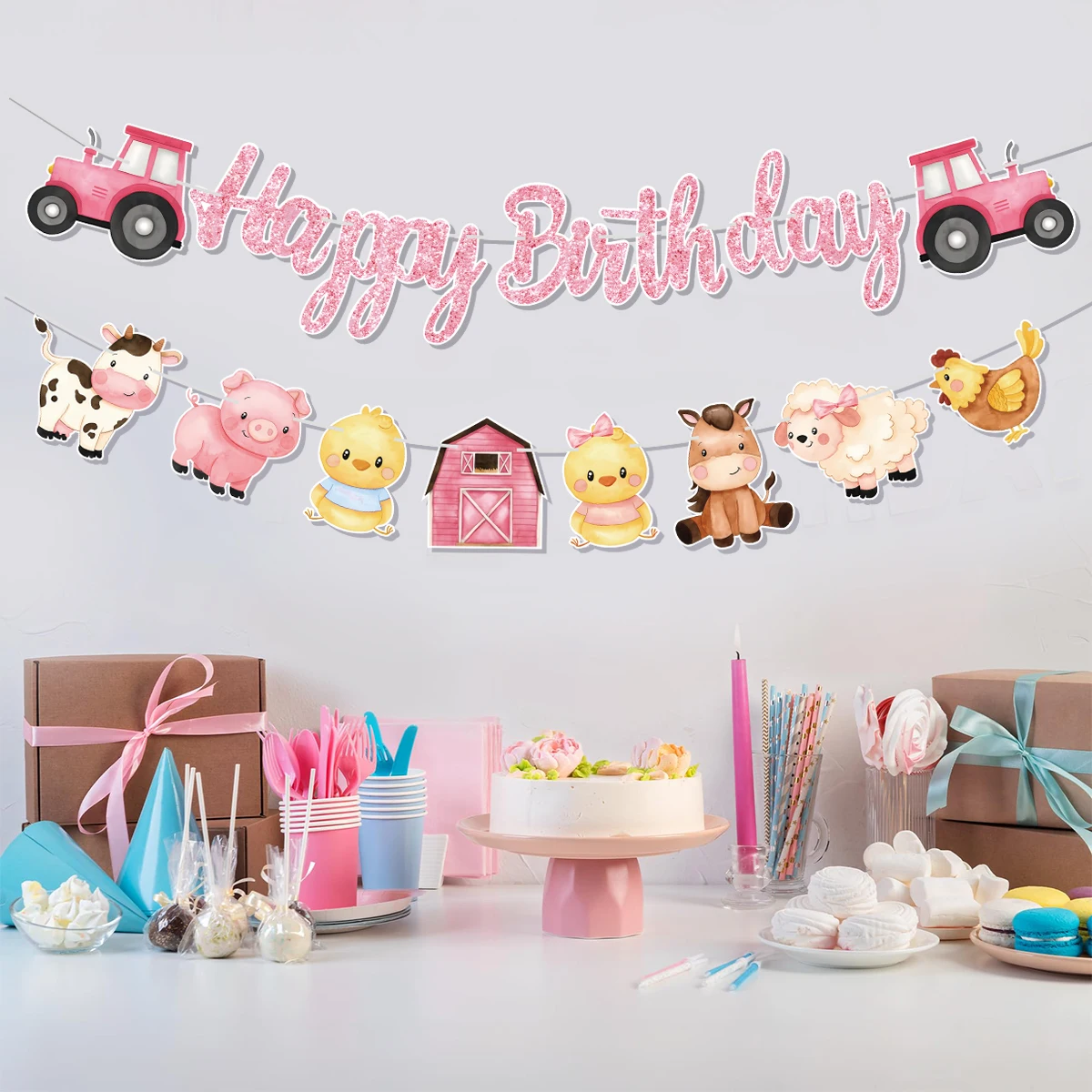 Pink Farm Animals Theme Happy Birthday Lettering Banner Pull Flag Children's day Baby Shower Decoration Barn Windmill Animal