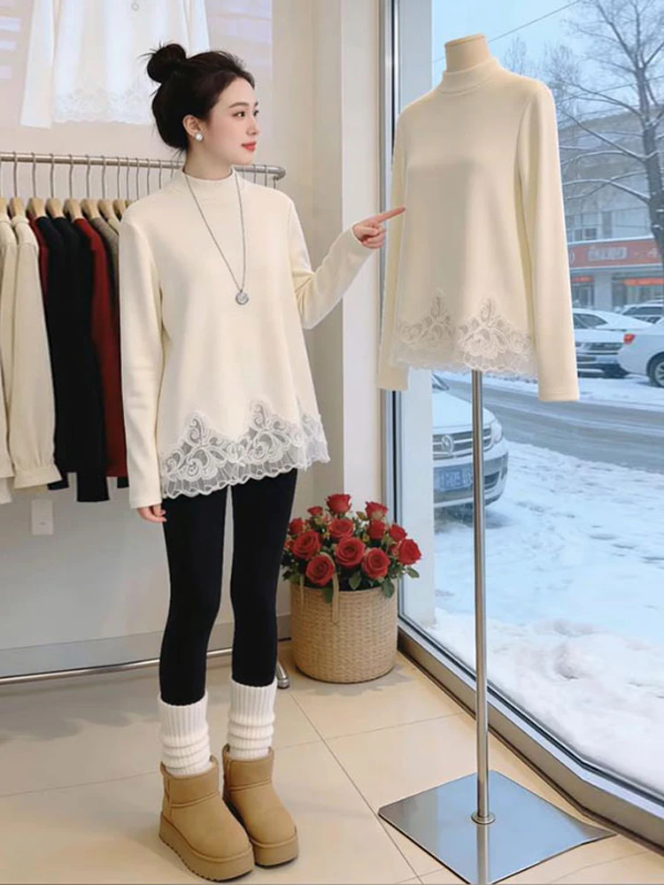 

plus Size Women's Embroidered Lace Thiened Inner Wear T-irt White Autumn Winter New Sle Casual Loose Fit High Waist rou...