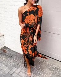 Womens One Shoulder Batwing Cape High Slit Dress Summer Boho Floral Print Ruched Cocktail Party Dresses