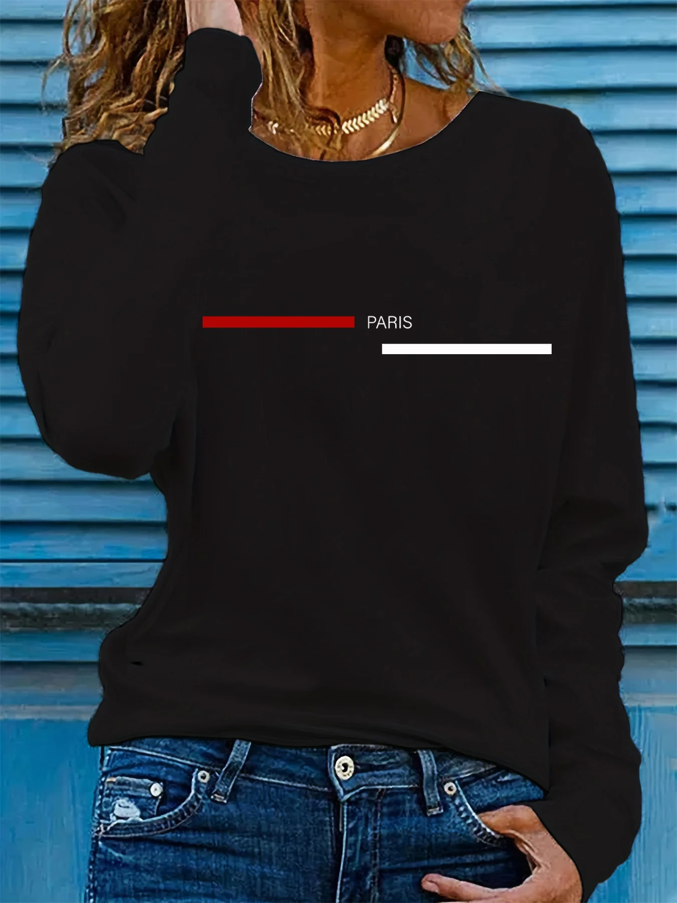 

Женская весенне-осенняя повседневная модная футболка из 100% чистого хлопка с длинными рукавами и круглым вырезом с графическим принтом в Париже