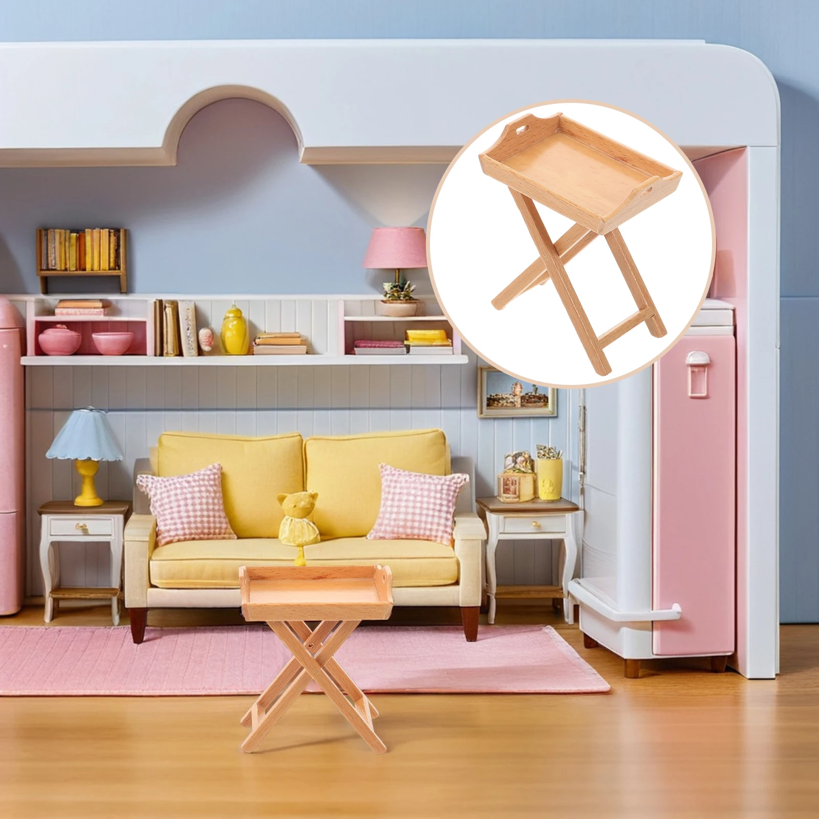 Miniaturowe meble do domku dla lalek, drewniany regał, stolik boczny, stojak ekspozycyjny, półka na owoce, mikro scena z warzywami.