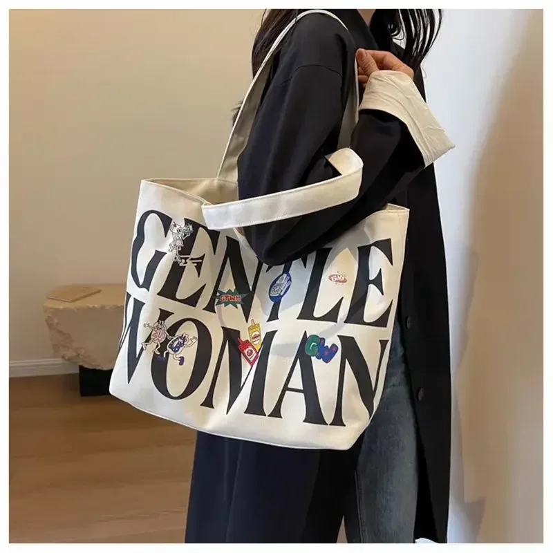 

Trendy Shoulder Bag Fashionable Simple Canvas Bag Cute Print Casual and Versatile Outdoor Commuting Trip Large Capacity Tote Bag