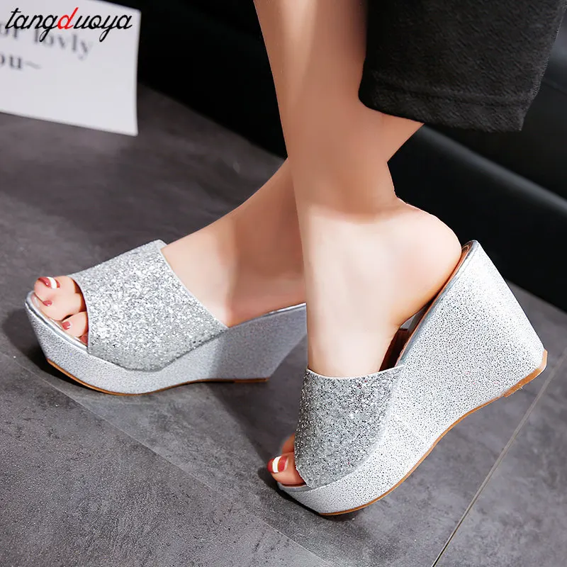 gold silvers platform heels Women Slippers Summer Shoes Platform Outside Fitting-room High Heels Wedges Solid Mesh Female Slides