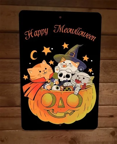 Letrero Metálico de Pared con Diseño de Gatos Calabacín de Halloween Happy Meowllween