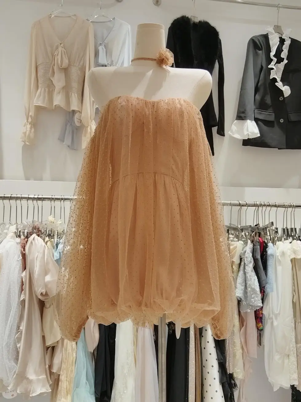 Romântico dupla camada de tule bolinhas um oulder tubo superior lanterna sve flor bud saia dr feminino ort saia