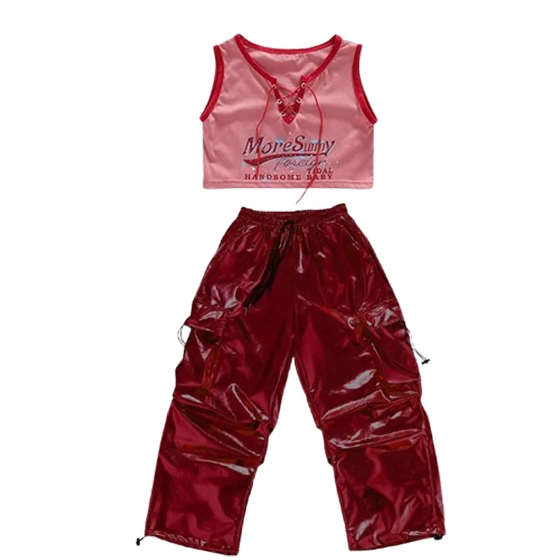 Costume de spectacle de danse Jazz rouge pour filles, vêtements de scène Kpop, pantalon Shuffle Hip Hop, haut court, vêtements de danse de rue à la mode pour enfants