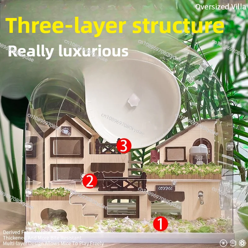 ‌Hamster Mansion for Syrian Chew-Proof Acrylic Tank with 360° View 2-Tier Foldable Habitat Modular Cage with Exercise Wheel view 6