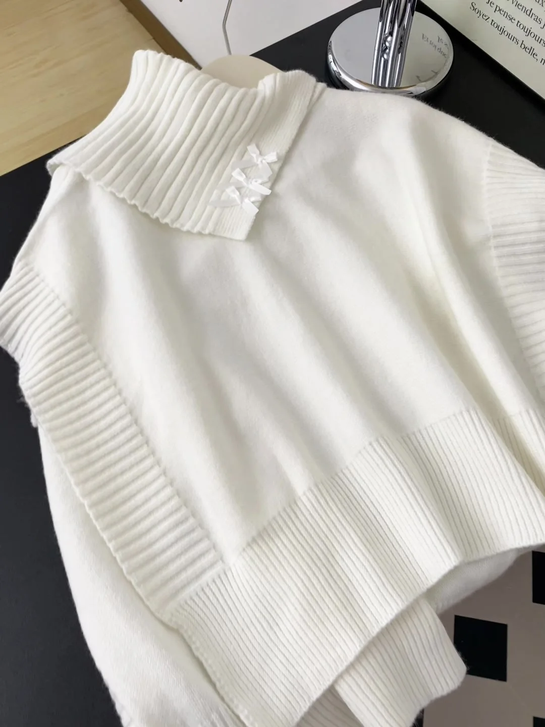 レディース ルーズコート セーター アウター ハイカラー 秋冬 ノット 不規則 ニットトップ ショルダーアウル