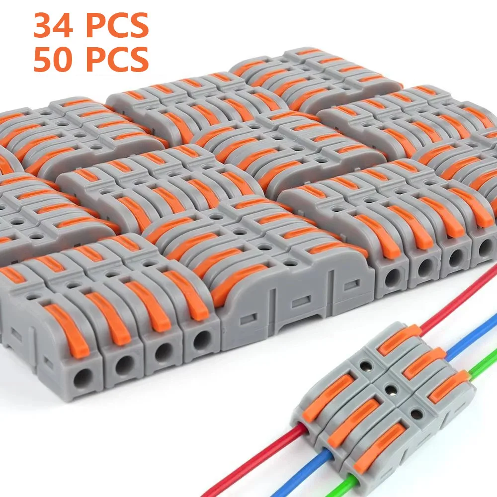 34/50 Pieces of Lever-Type Wire Connectors, Used for Quick Connection of 28-12 Awg 1-to-1 Straight Plug-In Wire Connectors, Compact Splicing Terminals