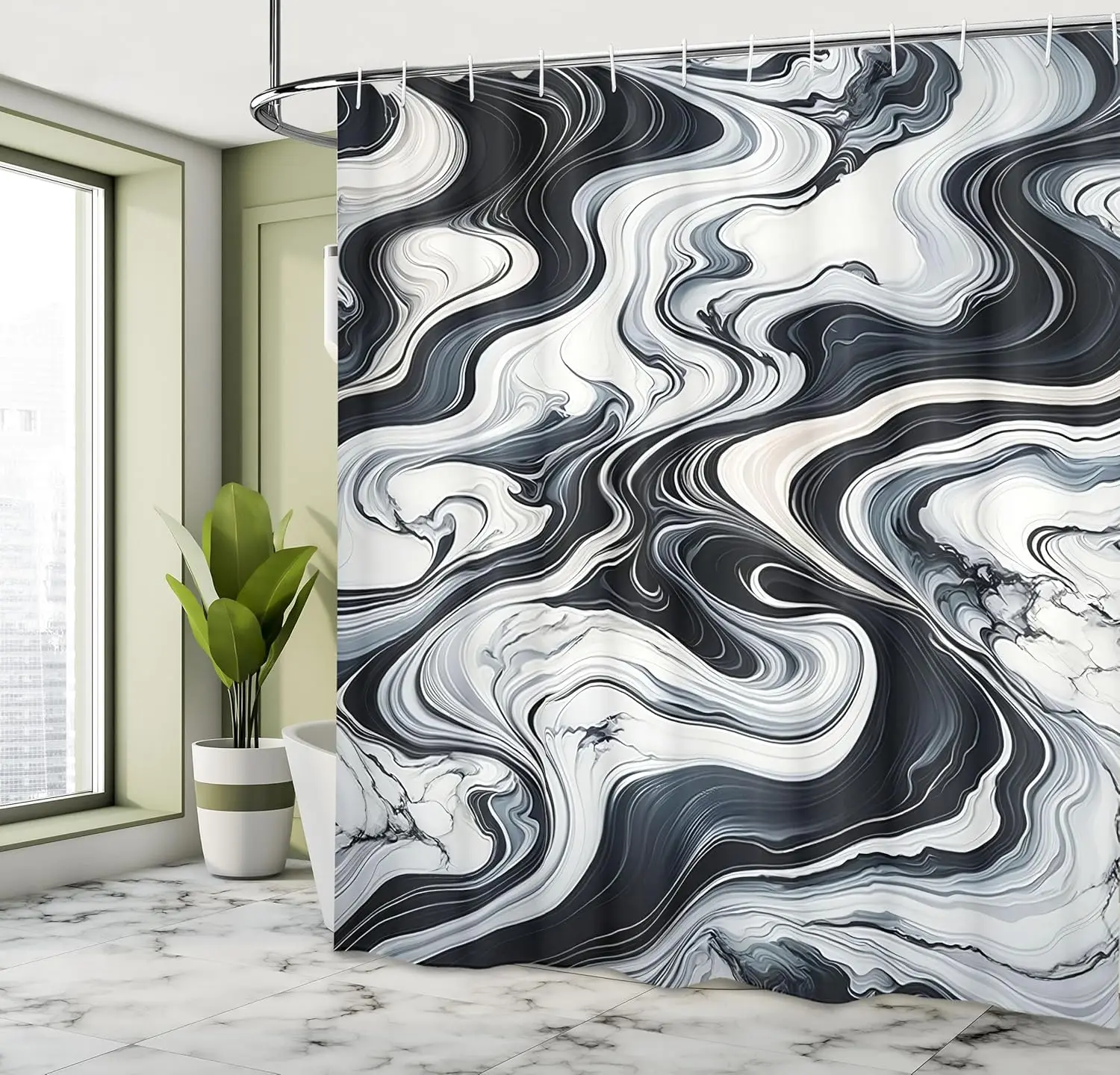 

Черно-белая занавеска для душа, абстрактные волны мраморного принта, смешивающиеся детали из камня, тканевый декор для ванной комнаты