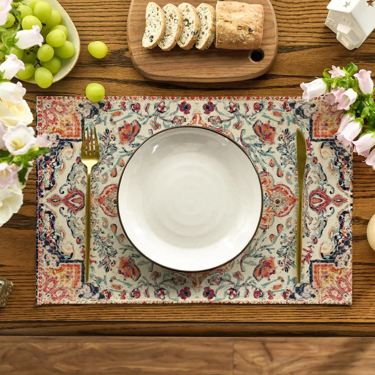 Boho Placemats Set Of 4, Daily Orange Teal Flowes Bohemia Table Mats For Home Party Dining Decoration 12x18 Inch
