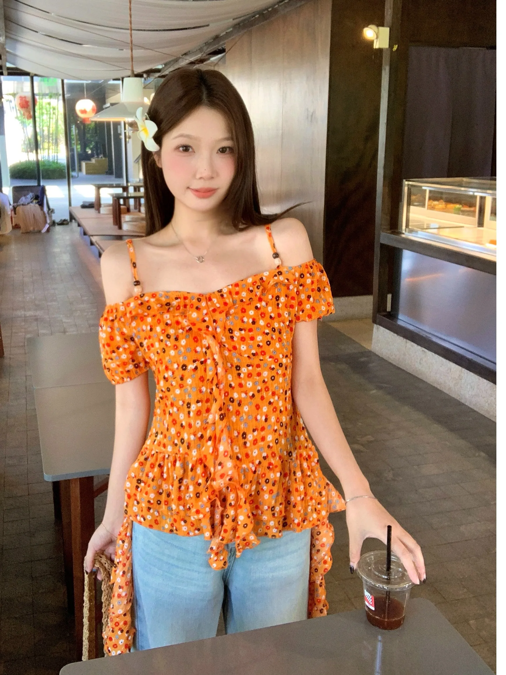 

plus Size Summer Floral Print Chiffon Shirt Women's Shoulder Bared Holiday Style Slimming Versatile Elegant Top Korean Style