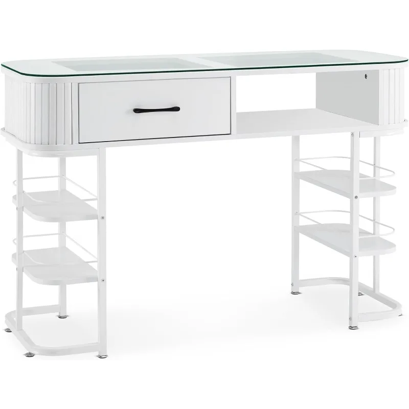 Modern Minimalist Manicure Table, Acetone-Resistant Nail Tech Desk with Glass Top, Beauty Stylist Equipment with Storage