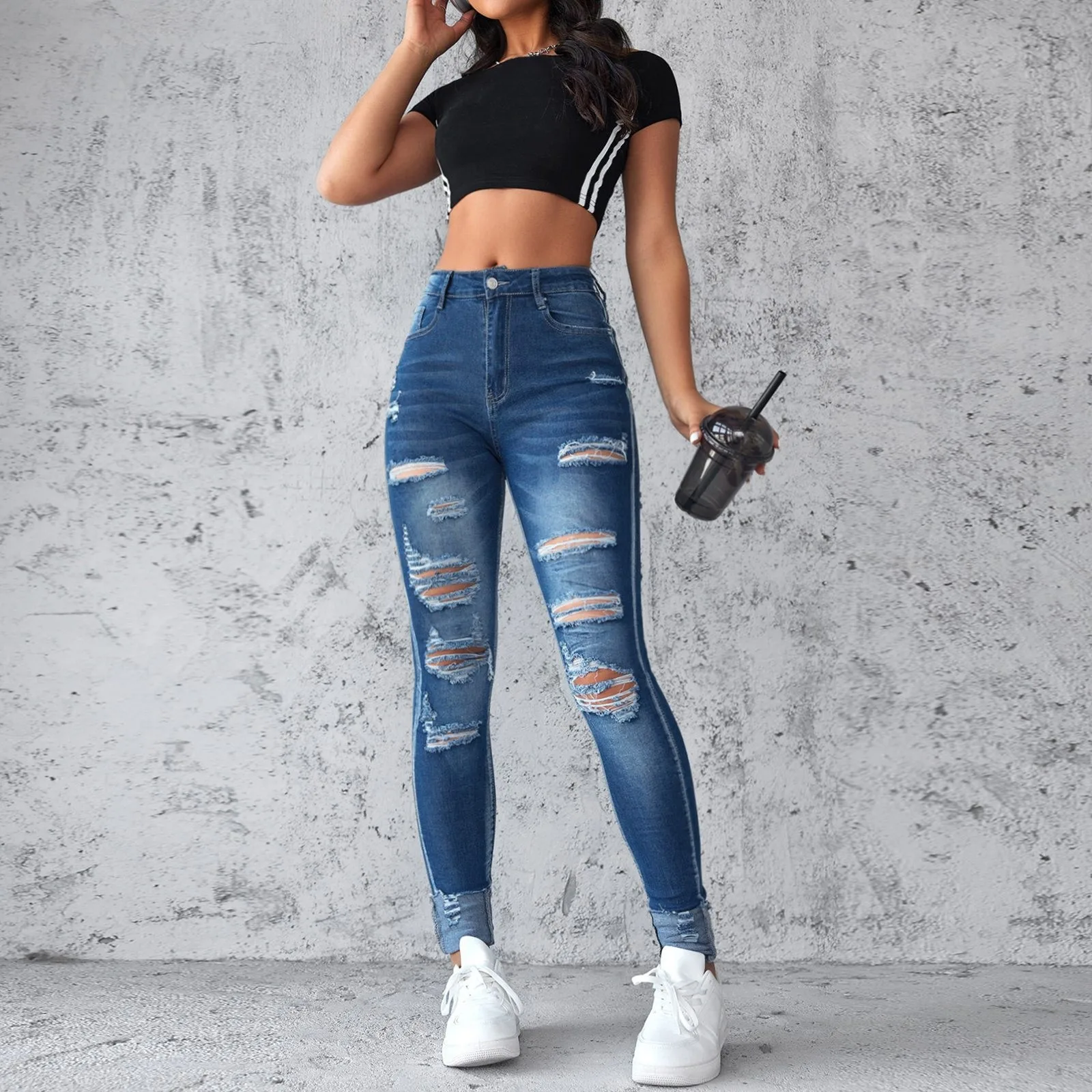 

Women Slim Ripped Jeans For Lady 2024 New Skinny Distressed Washed Stretch Denim Mom Jeans Femme High Waist Pants ﻿With Pocket