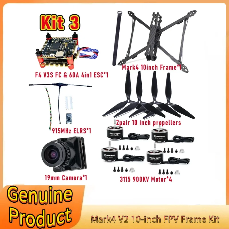 

Mark4 V2 10inch FPV Frame Combo Set F405 V3S FC 60A 4-in-1 ESC 3115 900KV Motor Propeller ELRS for RC FPV Freestyle Racing Drone