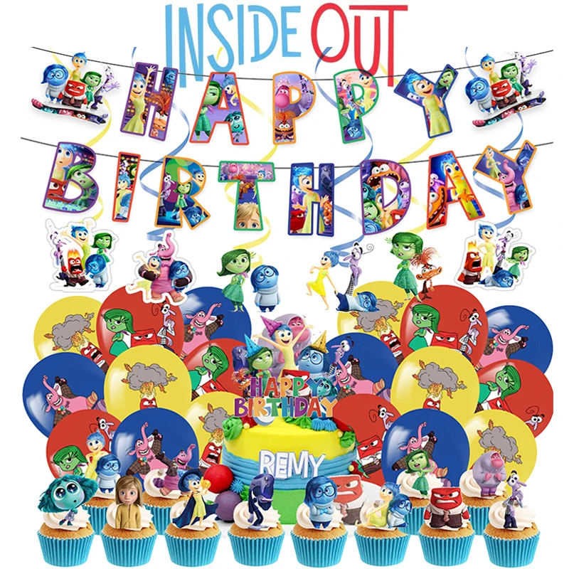 

New Disney Inside Out Birthday Party Decorations Anime Periphery Balloon Banner Little Cake Toppers Baby Shower Theme Party