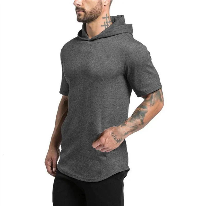 New Gym Fitness Bodybuilding Sport Hoodie Mens Slim Fit Solid Color Hooded T-Shirt Cotton Breathable Short Sleeve Muscle Shirt