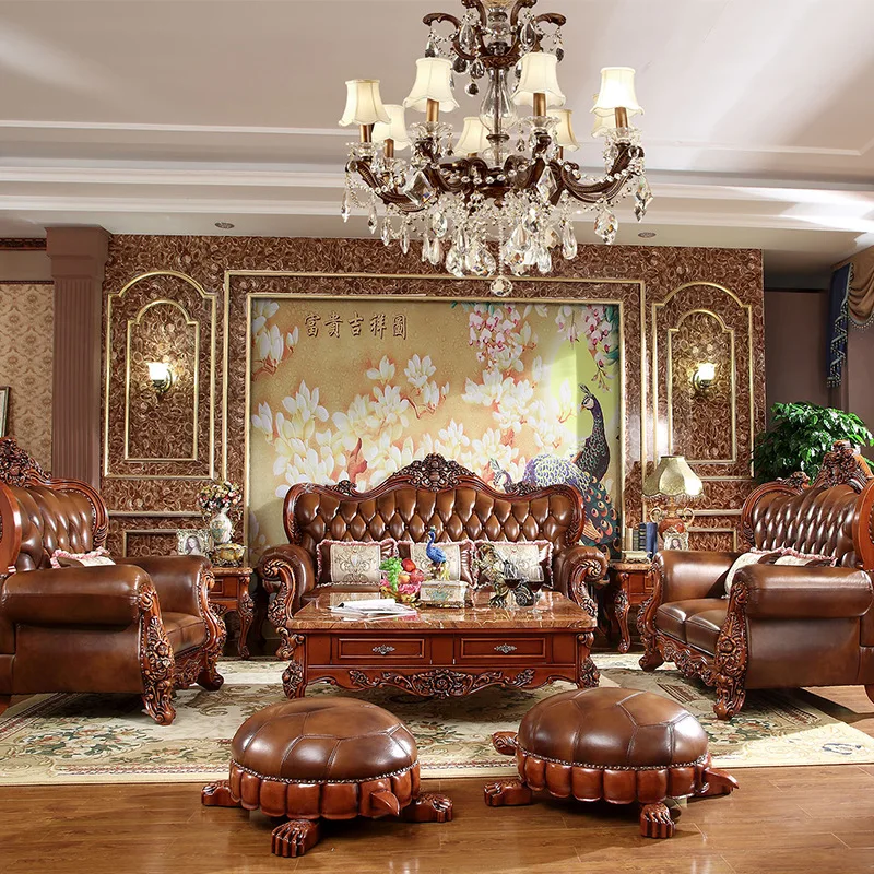 European-style real cowhide sofa 123 combination set cowhide solid wood American luxury villa living room