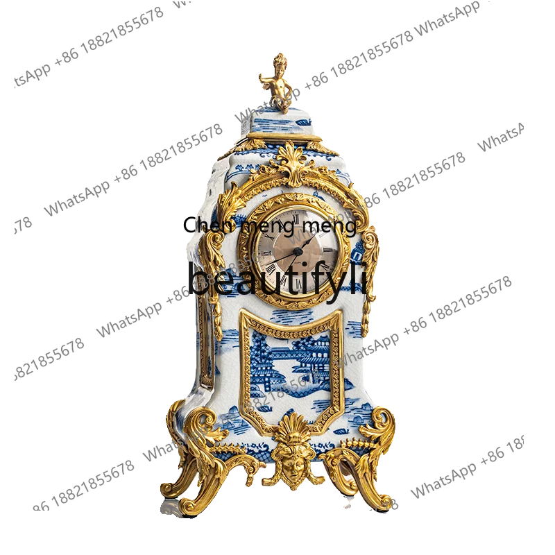 Living room desktop creative high-end atmospheric clock soft decoration villa luxury ceramic inlaid copper ornament