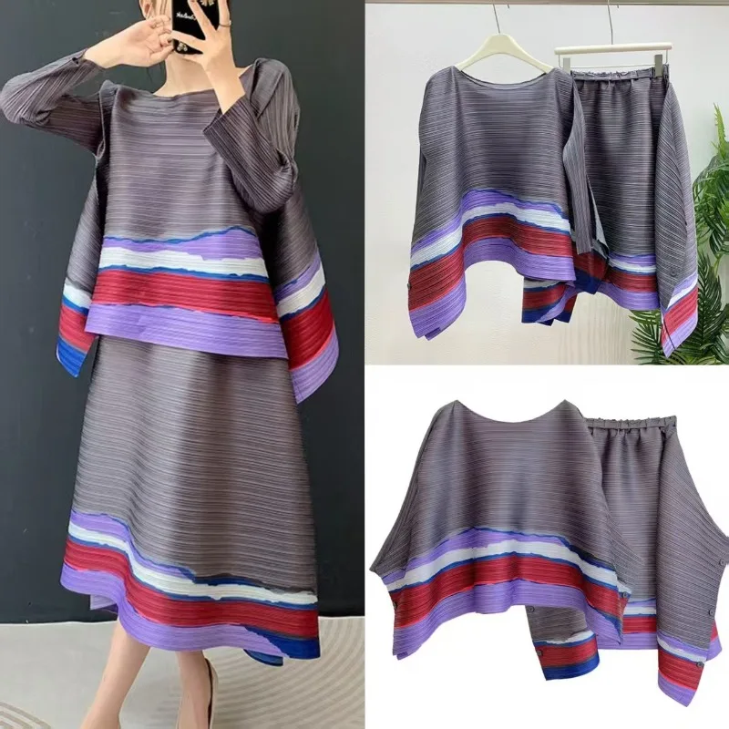 

Женский плиссированный костюм с плиссированной юбкой Miyake, осень 2023, новинка из 2 предметов, качественный модный принт для пожилых людей, свободный топ + юбка до половины тела, комплекты