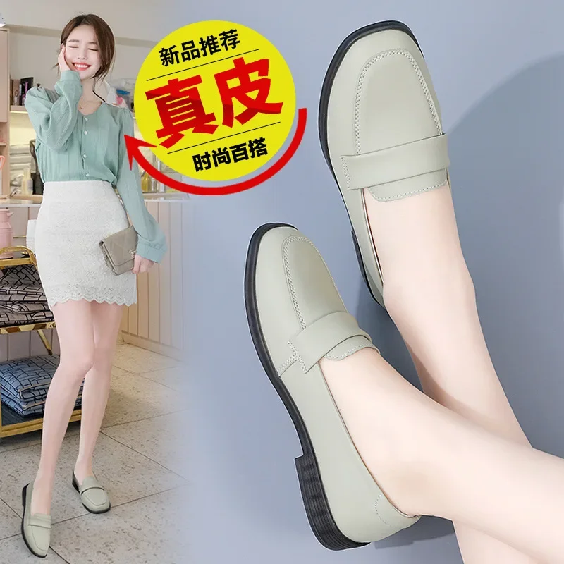 Genuine Leather Square Toe Slip-on Women's Shoes 2022 New Flat Spring and Autumn Single-Layer Shoes Soft Bottom Loafers Work