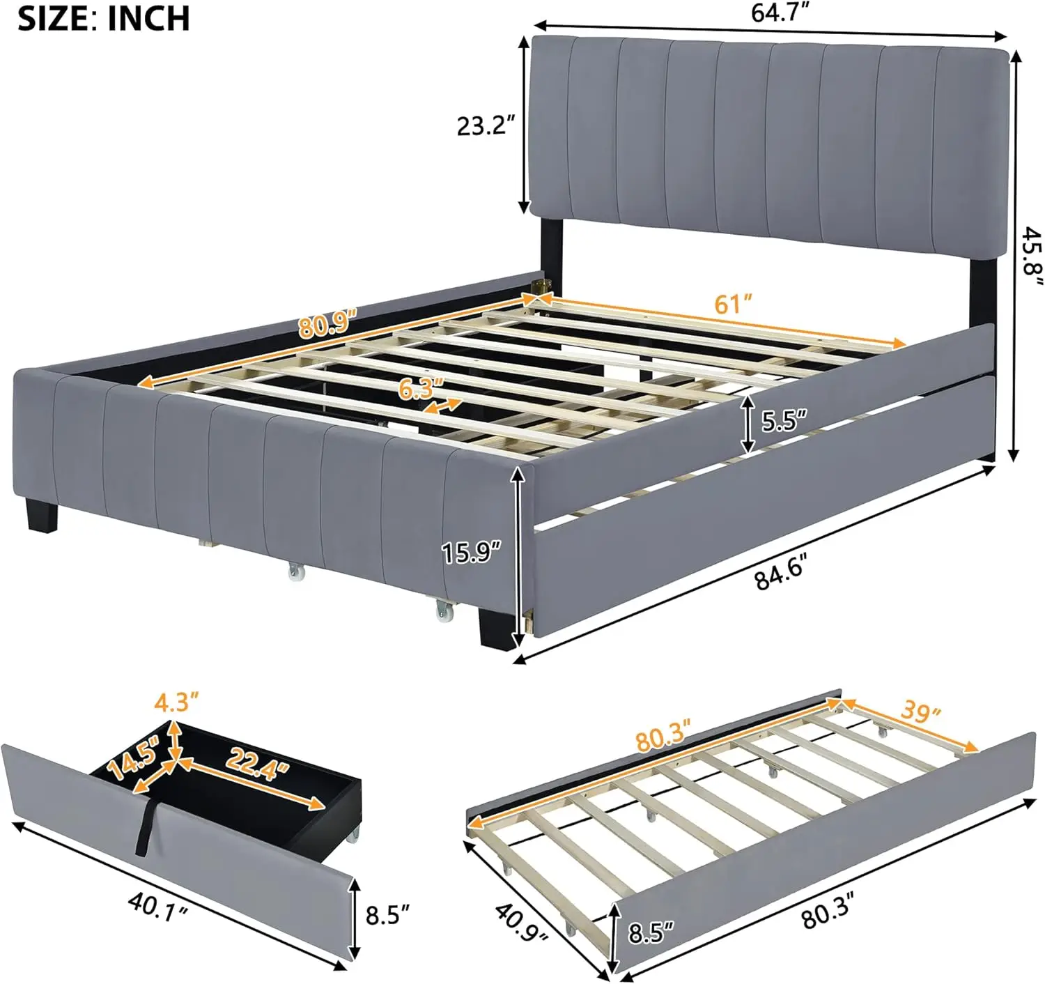 Velvet Queen Platform Bed With 2 Drawers & 1 Twin Xl Trundle, Upholstered Queen Size Bed Frame With Storage & Headboard For