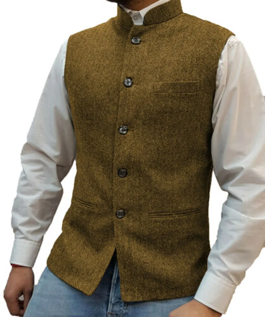 Vintage Mens Suit Vest Stand Collar Slim Fit Single-Breasted Waistcoats Retro Herringbone Tweed Wool Blend Sleeveless Jacket