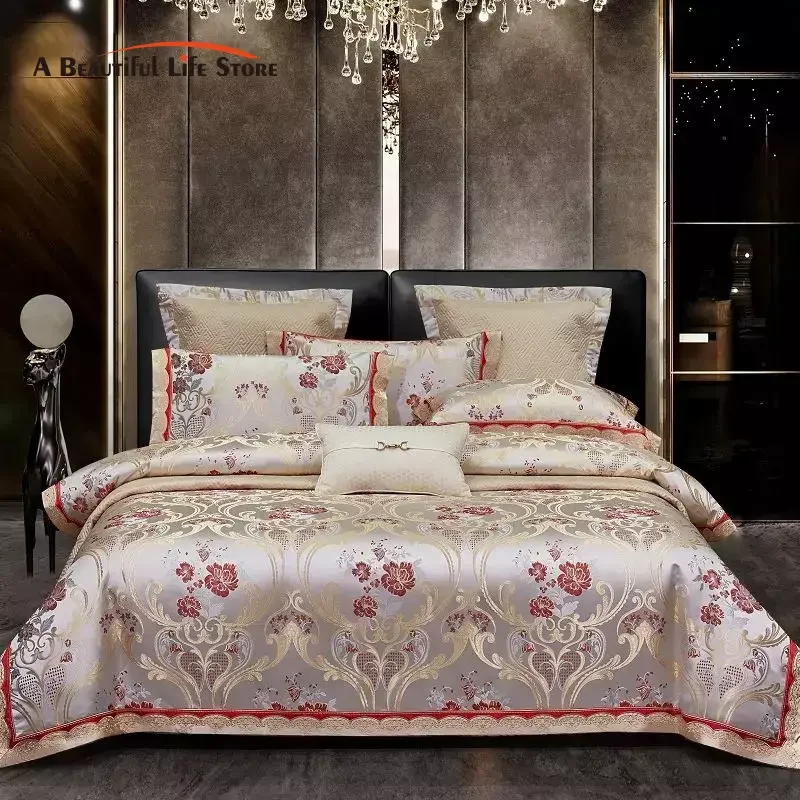 Satin Jacquard Egyptian Cotton Bedding Set, Silky Duvet Cover, Bed Sheet, Pillowcases, Luxury European Style, 4 Pcs, 6Pcs